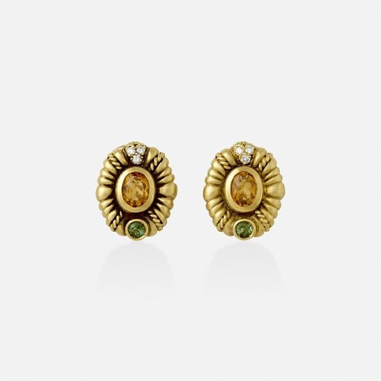 Judith Ripka, Diamond, multi-gem, and gold earrings