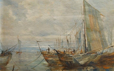 K Sokolov, Russian, mid-20th century- Fishing boats in a harbour; oil on canvas, signed, 48.5 x 66.5cm (unframed)