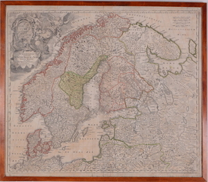 Karta, kopparstick, Scandinavia complectens Sueciae Daniae & Norvegiae Regna ex Tabulis", Johann Baptist Homann. 1700-tal.