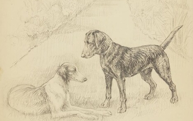 Kathleen Frances Barker, British 1901-1969- Two dogs on a pathway in an ornamental garden; black crayon, signed, 45x37cm: together with eleven other drawings in charcoal on paper, ea. signed, ea. 45x37cm., (approx)., (12) (unframed) (ARR)...
