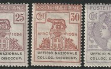 Kingdom of Italy - Parastatal bodies 1924 - Ufficio Nazionale Colloc. Disoccupaz., the complete, intact and rare set - Sassone S.2913