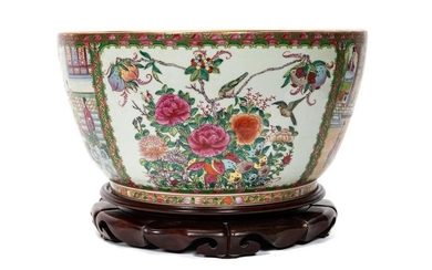 LARGE CHINESE ROSE MEDALLION PUNCH BOWL WITH STAND