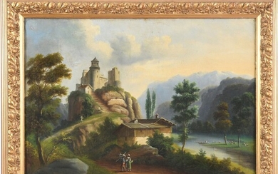 LEGER. ÉCOLE FRANCAISE du XIXè. « Paysage lacustre animé avec forteresse ». Toile (restaurations). H.50...