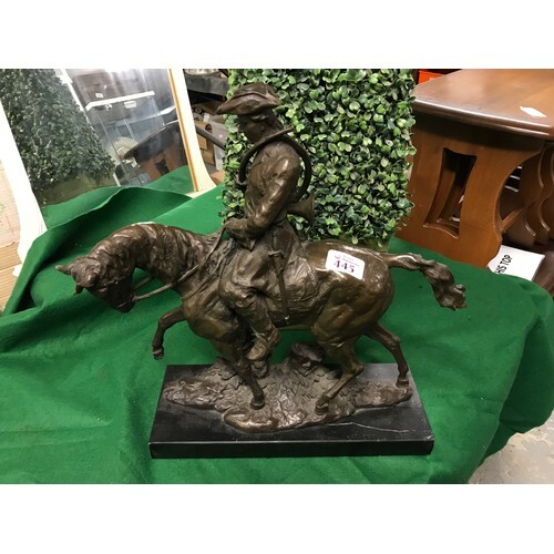 LOVELY BRONZE FIGURE OF A SOLDIER ON HORSEBACK ON A MARBLE B...