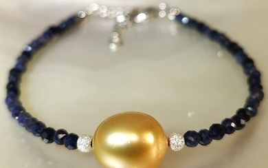 #LOW RESERVE PRICE # - 925 Golden south sea pearl, Saltwater pearls, Silver, Precious stones Sapphires faceted - Bracelet - Sapphires