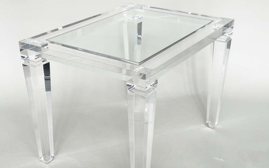 LUCITE LOW CENTRE TABLE, framed with glass inset top and squ...