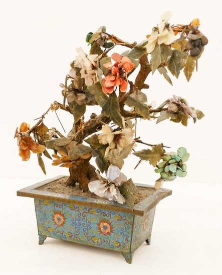 Large Chinese 19th Cent. Jade Tree in Cloisonne Planter