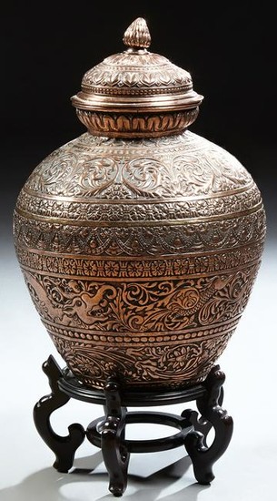 Large Relief Decorated Copper Covered Baluster Urn