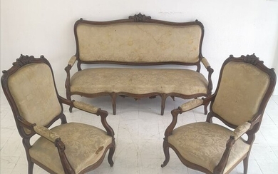Late 19thFrench lounge set pair armchairs and sette - Louis XV Style