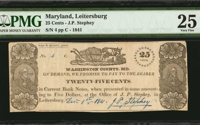 Leitersburg, Maryland. J.P. Stephey. 1841. 25 Cents. PMG Very Fine 25.