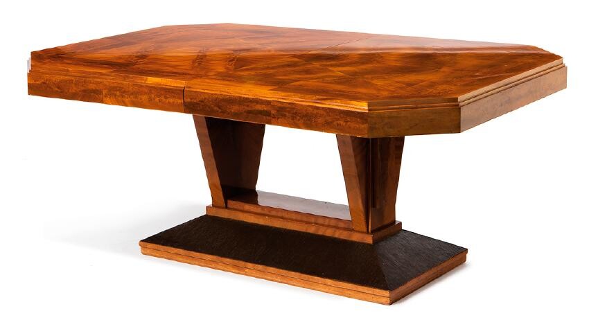 Light mahogany veneered dining room table. France. Art