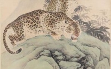 Liu Kuiling (China, 1885 1967), ink and colour on paper: 'Two leopards in a mountain landscape'