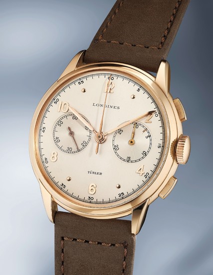 Longines, Ref. 5646 An extremely rare, large and elegant pink gold chronograph wristwatch