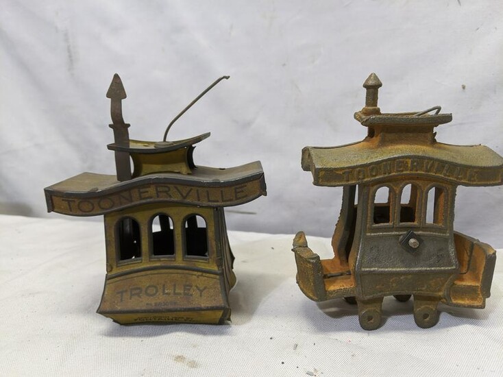 Lot 2 Antique Tin & Cast Iron Toonerville Trolley