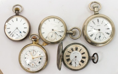 (Lot of 5) Sterling silver, metal pocket watches and