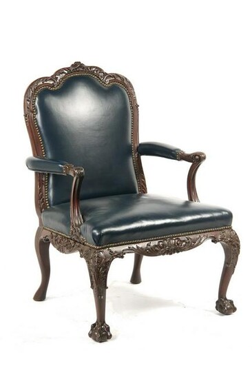 MAHOGANY LEATHER UPHOLSTERED ARMCHAIR