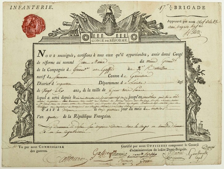 MANCHE. 1796. CHOUANS. Congé militaire signé... - Lot 345 - Vermot et Associés