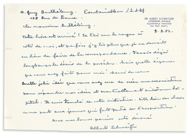 (MEDICINE.) SCHWEITZER, ALBERT. Autograph Letter