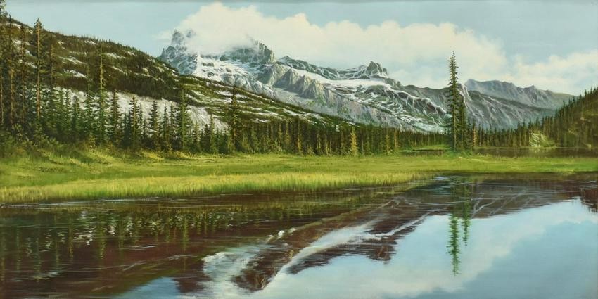 MOUNTAIN LAKE LANDSCAPE PAINTING SIGNED PETERS