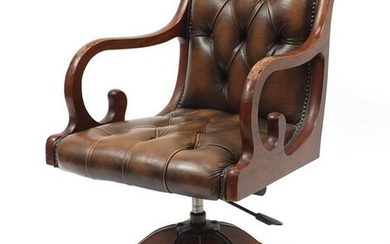 Mahogany framed captains chair with brown leather