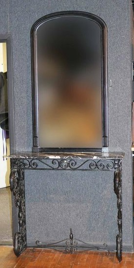 Marble Top Wrought-Iron Console Table and Mirror