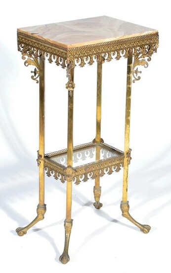 Marble top brass side table, fancy skirt & talon feet