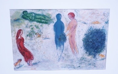 Marc Chagall (1887-1985) "Die Erkenntnis Chloes", lithographie en offset couleur, extraite de Daphnis & Chloe,...