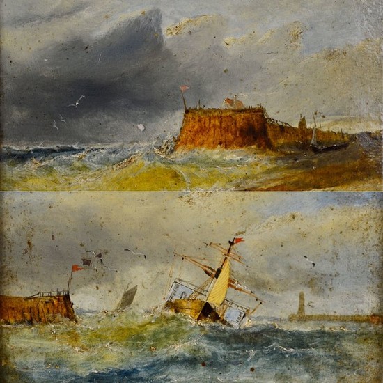 Marine School (19th century) - A pair of coastal scenes including a paddle steamer.