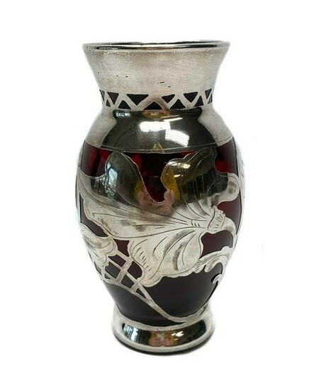 Marked 999 American Silver Overlay Vase Art Nuevo
