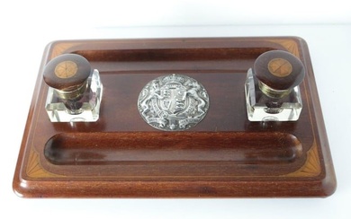 Marquetry Inlay and Silverplate Queen's Armorial and Cut Glass Inkwells and tray