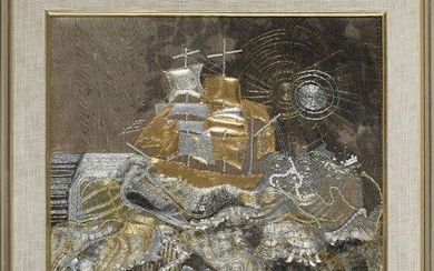 Mary Britten Clarke, an embroidery and collage picture, Signed on the reverse in pen 'Mary Britten Clarke, June 1978' In gold and silver threads and cord, leather and net, with glass beads on silk and depicting a galleon on a stormy sea, mounted...