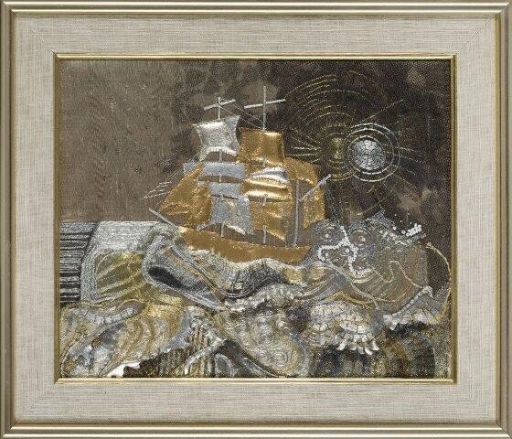 Mary Britten Clarke, an embroidery and collage picture, Signed on the reverse in pen 'Mary Britten Clarke, June 1978' In gold and silver threads and cord, leather and net, with glass beads on silk and depicting a galleon on a stormy sea, mounted...