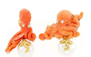 Maz Pair of Gold, Carved Coral, Baroque Cultured Pearl and Diamond Octopus Earrings