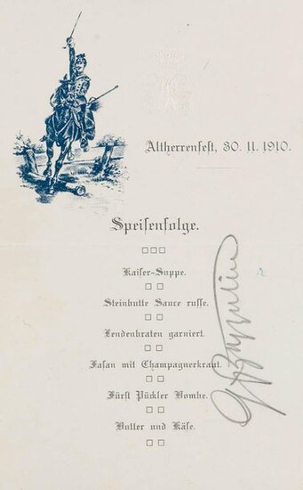 Menu and music program, signed by Graf Zeppelin. 1910. sheet size 19 x 12 cm.