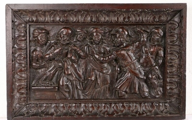 Mid 16th Century carved oak panel, Flemish or German, circa 1550, the rectangular panel depicting