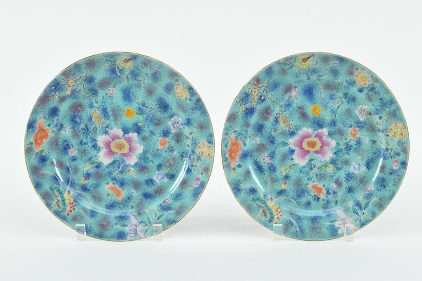 Mid 20th century Chinese turquoise ground famille rose decorated porcelain plates. 9.5in diameter.