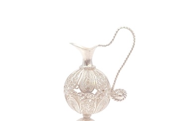 Miniature silver jug by Yemenite silversmith with rich filigree...