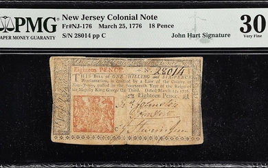 NJ-176. New Jersey. March 25, 1776. 18 Pence. PMG Very Fine 30. John Hart Signature.