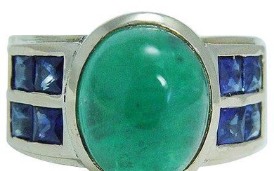 Natural Emerald Cabochon Genuine Blue Sapphire Ring 18K