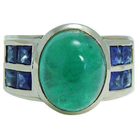 Natural Emerald Cabochon Genuine Blue Sapphire Ring 18K