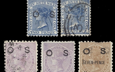 New South Wales Official Stamps 1882-85 2d. blue, perf 11x12, two used examples with overprint...