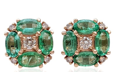 No Reserve Price - Earrings - 14 kt. Rose gold - 1.85 tw. Emerald - Diamond