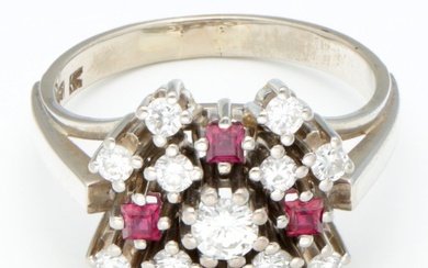 No Reserve Price - Ring - 14 kt. White gold - 0.24 tw. Diamond (Natural) - Ruby