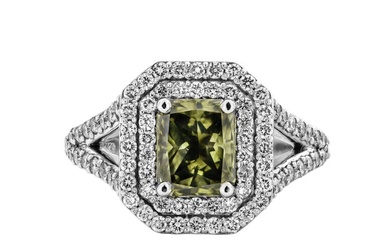 No Reserve Price - Ring - 14 kt. White gold - 2.19 tw. Green Diamond (Natural coloured) - Diamond