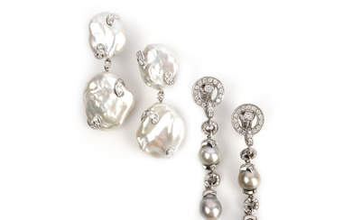 No reserve - two pairs of cultured pearl and diamond earrings, comprising: one pair of 'top and