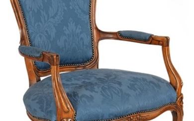 (-), Walnut colored armchair with blue upholstery and...