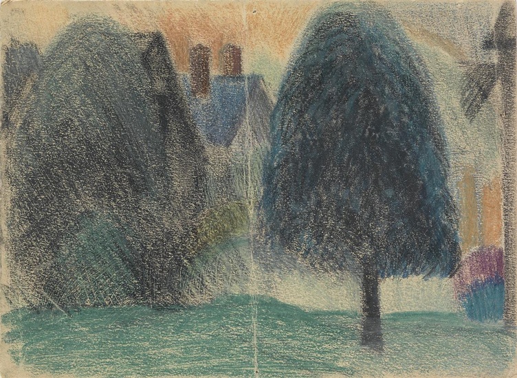 OSCAR BLUEMNER Two color pencil and crayon drawings. Landscape with Houses and Trees....