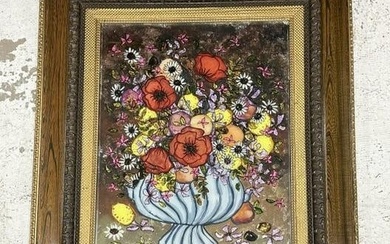 Older reverse painted with foil work floral still life on glass, signed ( PIRRO ), in nice older