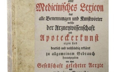 Onomatologia medica completa or Medicinisches Lexicon which contains all terms and artificial words which are characteristic of the science of medicine and the art of apock ... ed. by a society of learned physicians ..., Ulm/Franckfurt/Leipzig, Gaum...
