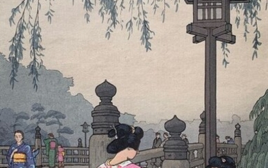 Original woodblock print, Printed by Numabe Shinkichi of the Yoshida Studio - temple, blossom - Paper - Temple Bell - Toshi Yoshida (1911-1995) - 'Benkei Bridge' 弁慶橋 - Japan - Heisei period (1989-2019)